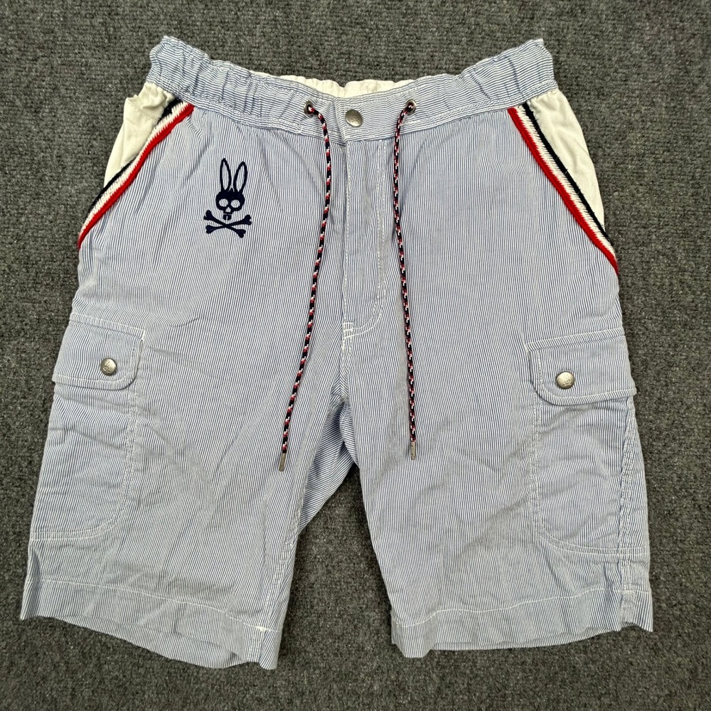 Psycho Bunny Cargo Shorts Mens S Blue Seersucker Striped Japan Made Logo Patch